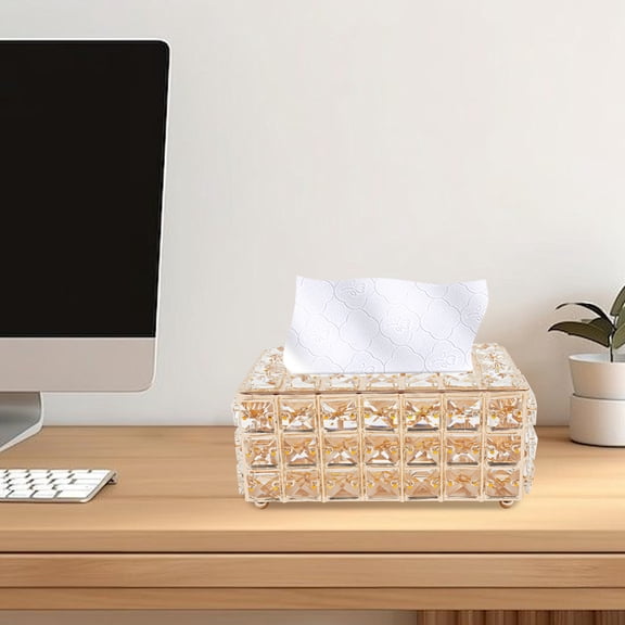 Crystal Tissue Box Cover, Gold Rectangular Tissue Holder for Bathroom Living Room Bedroom, Sparkling Glass Napkin Holder with Metal Base, Decorative Tabletop Facial Tissue Dispenser