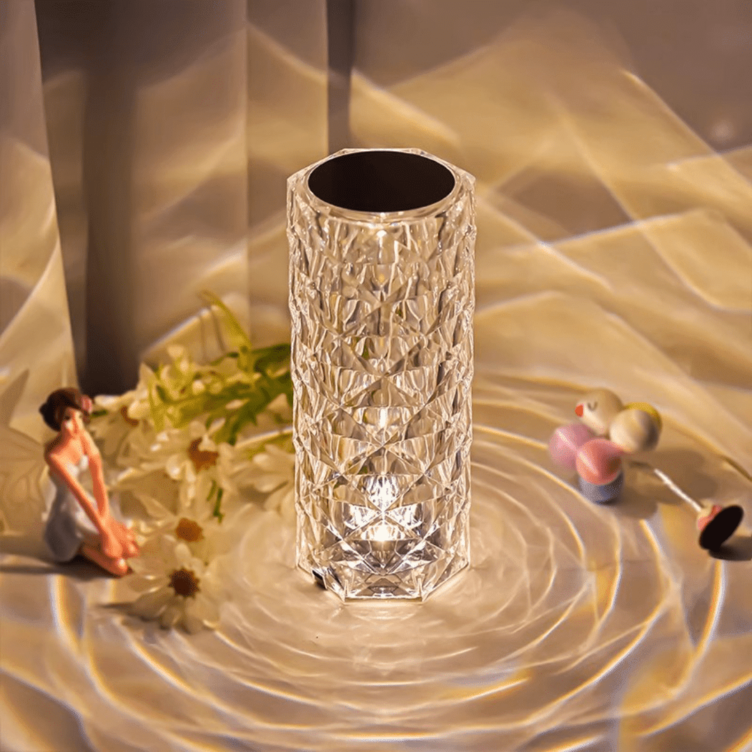 Crystal Touch Lamp - 16 Color RGB Rechargeable Night Light, Rose Wave Diamond Bedside Lamp for Bedroom, Living Room, Game Room - Ambient Mood Lighting