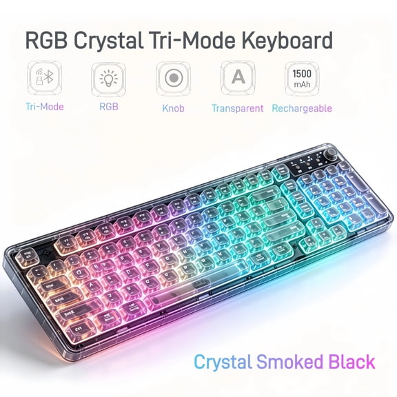 Crystal Transparent Wireless Mechanical Keyboard, 99-Key Tri-Mode Bluetooth 5.0/2.4G/USB-C, RGB Backlit with Media Knob & Number Pad for Home Office, Desk Setup, Black