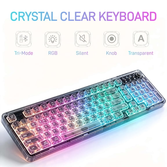 Crystal Transparent Wireless Mechanical Keyboard, 99-Key Tri-Mode Bluetooth 5.0/2.4G/USB-C, RGB Backlit with Media Knob & Number Pad for Home Office, Desk Setup, Black