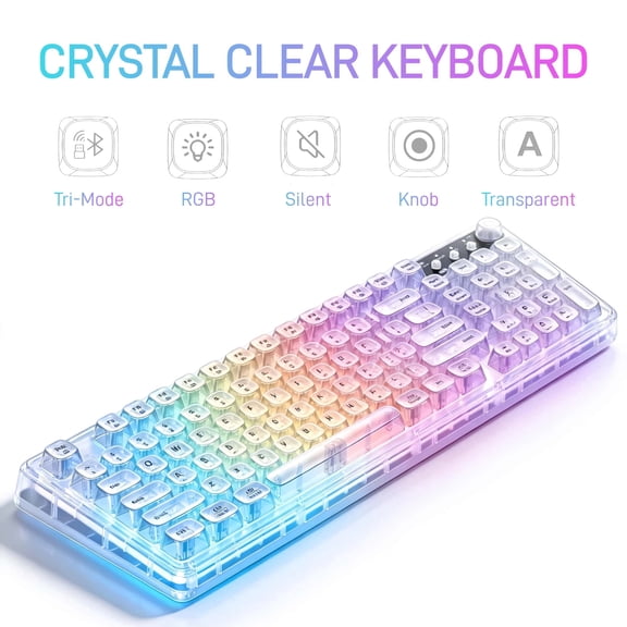 Crystal Transparent Wireless Mechanical Keyboard, 99-Key Tri-Mode Bluetooth 5.0/2.4G/USB-C, RGB Backlit with Media Knob & Number Pad for Home Office, Desk Setup, White