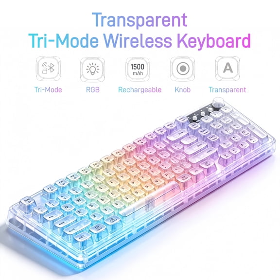 Crystal Transparent Wireless Mechanical Keyboard, 99-Key Tri-Mode Bluetooth 5.0/2.4G/USB-C, RGB Backlit with Media Knob & Number Pad for Home Office, Desk Setup, White