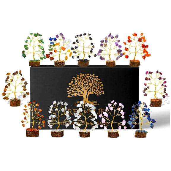 Crystal Tree Gifts for Women, Set of 12 Handcrafted Small Tree of Life Chakra Healing Crystals & Stones for Positive Energy, Good Luck, Home and Office Decor, Birthday Presents Y101