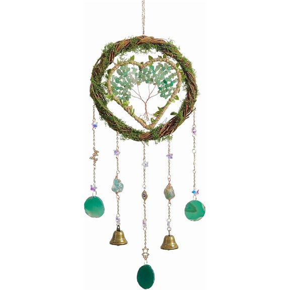 Crystal Tree of Life Wind Chime, Handmade Heart Sun Catcher Window Hanging Decor, Crystal Wind ndoor Indoor Outdoor Garden Room Decoration for Home (Style A-Green)