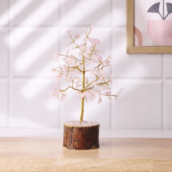 Crystal Tree, For Living Room & Home Dcor, Spiritual Show Piece - Rose Quartz | 100 Beads, Golden Wire, Handmade Gemstone Showpiece For Aesthetic Home Decoration | Feng Shui Love Tree