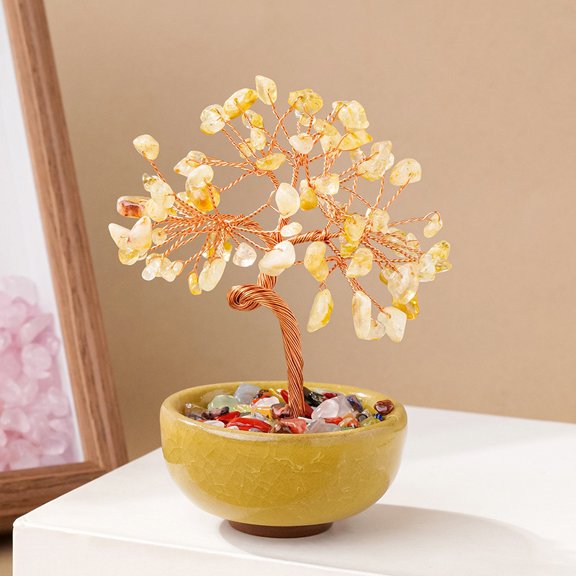 Crystal Tree Natural Healing Crystal Trees with Ceramic Base Handmade for Good Luck Home Office Decor Crystals Gifts,Yellow