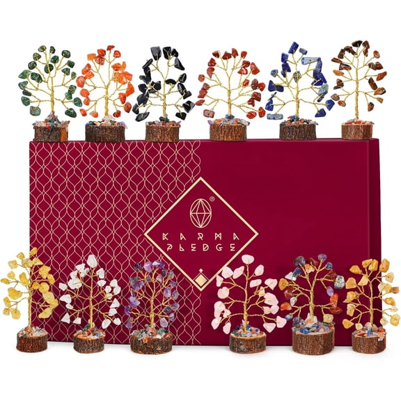 Crystal Tree Set of 12 Unique Birthday Gifts for Women, Sister, Mom, Home Office Decor, Shelf Desk Decoration for Positive Energy, Bring Good Luck, Money, Reiki Healing, Chakra Tree of Life Gift Sets