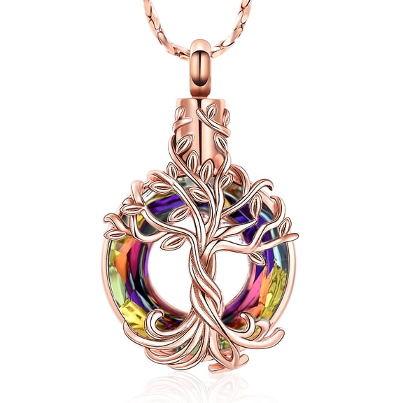 Crystal Tree of Life Urn Necklace for Men Women Ashes Necklace for Human/Pet with Circle Crystal Memorial Keepsake Jewelry