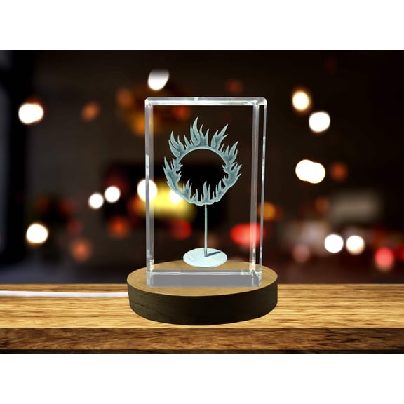 Crystal Trophy Award Recognition - 3D Engraved Burning Circus Hoop Sculpture with LED Base