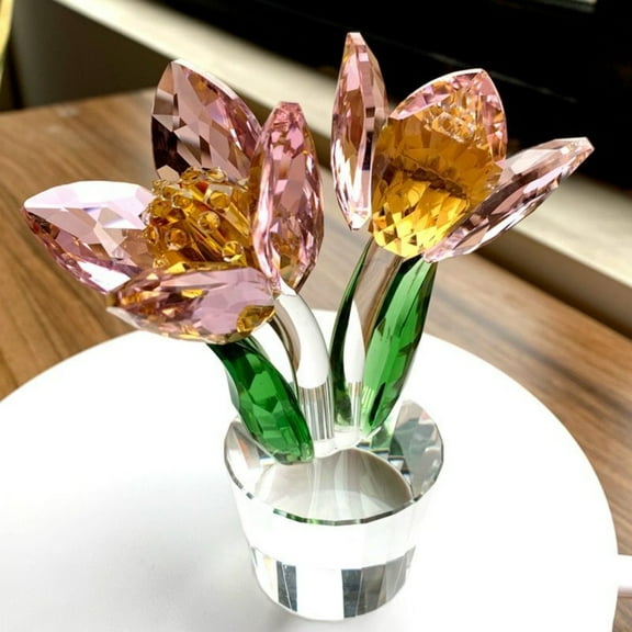 Crystal Tulip Ornament Decorative Glass Flower Home Shelf Decor Lucky Gift for Christmas Holiday Tabletop Decoration Figurine