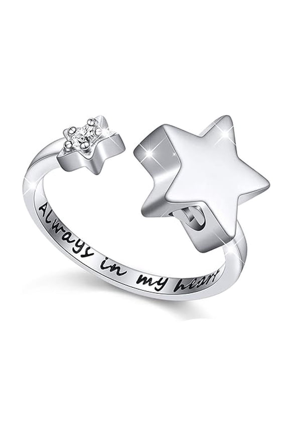 Crystal Urn Ring for Ashes Star Cremation Urn Ring for Ashes for Women Stainless Steel Star Finger Ring Keepsake Cremation Ring NO.6-NO.10