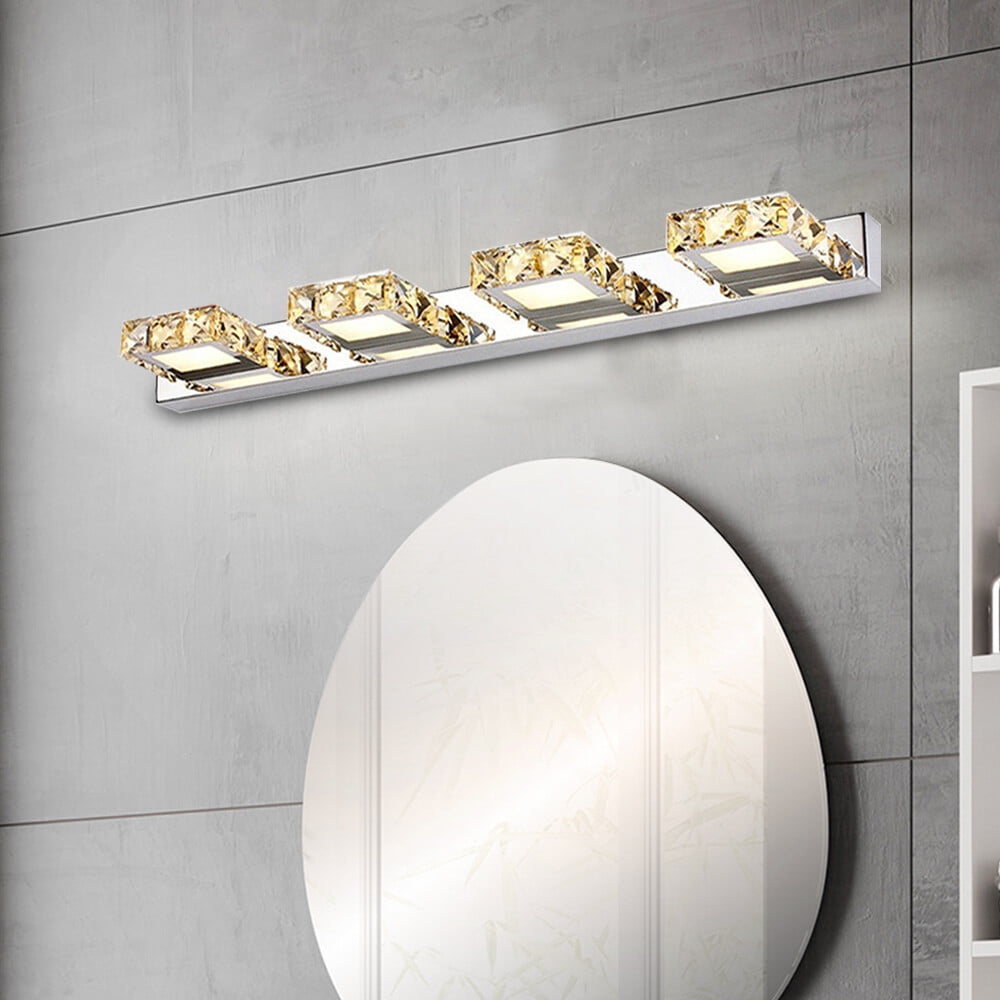 Crystal Vanity Light, Bathroom Lighting Chrome Toilet Vanity Light Wall Mounted Modern LED Vanity Light for Bathroom Front Mirror Makeup Light Fixture(4 Head Square Warm Light)
