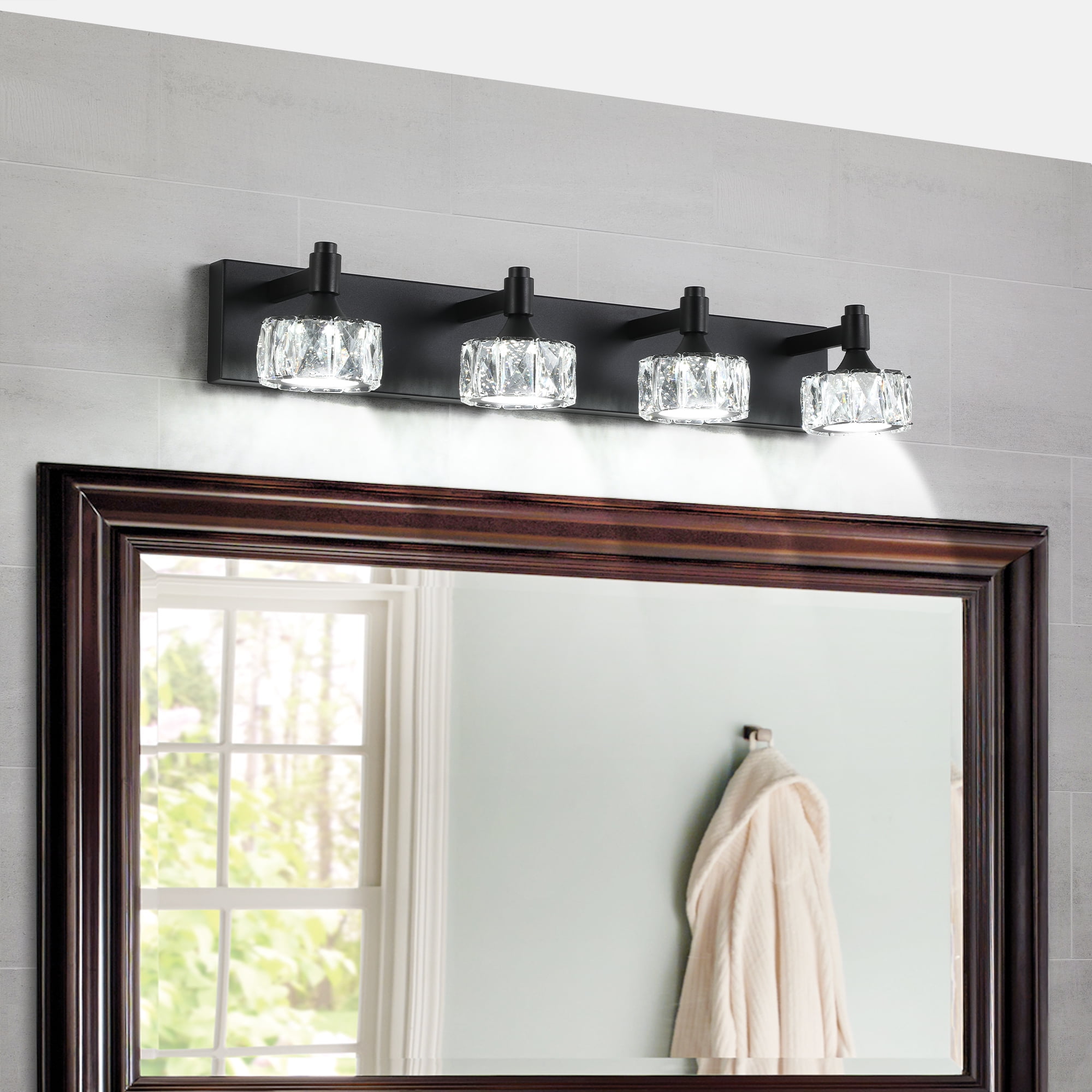 Crystal Vanity Lights for Bathroom,4 Light Bathroom Vanity Light, Modern 28.1in Light Over Mirror Light Fixtures Matte Black