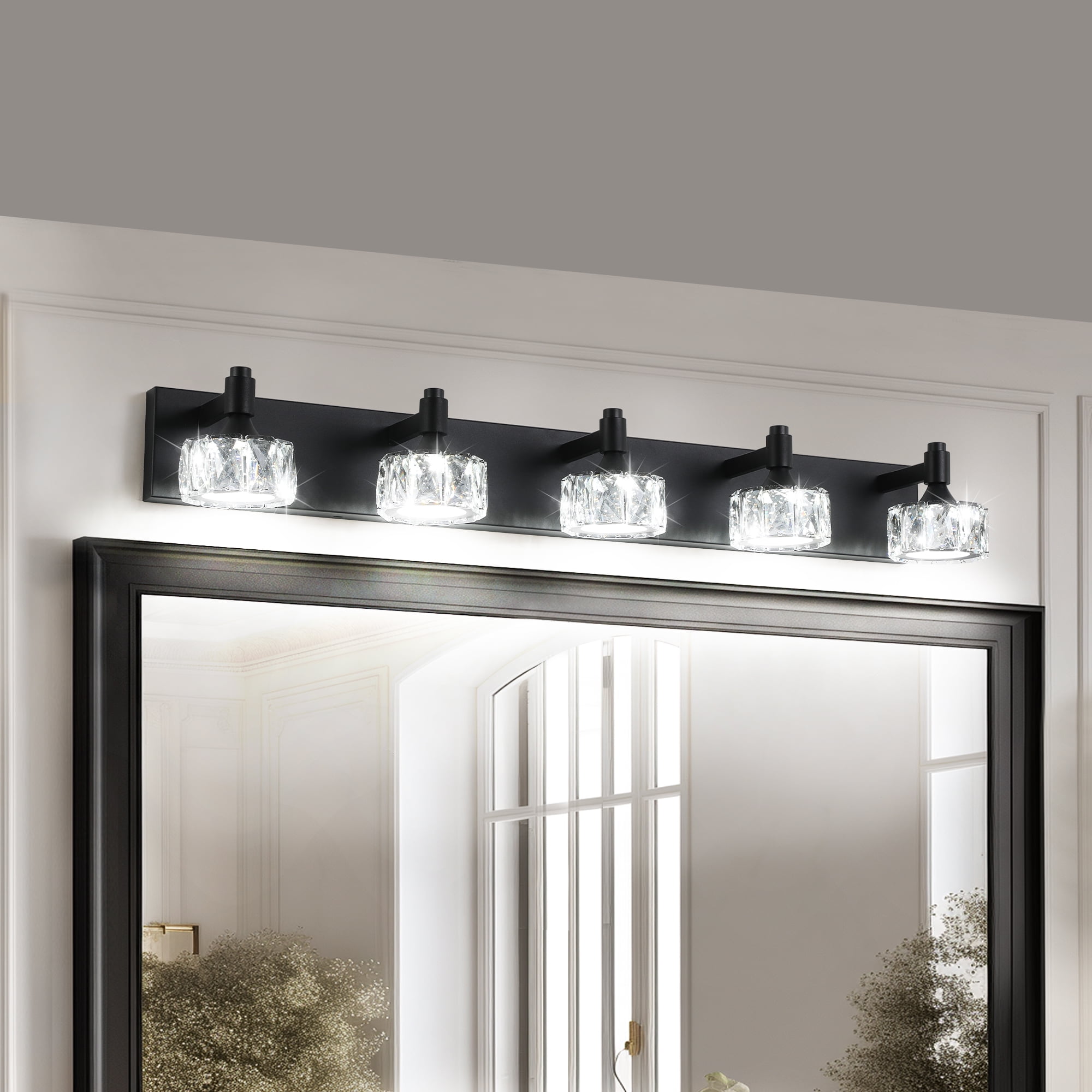 Crystal Vanity Lights for Bathroom, 5 Light Bathroom Vanity Light, Modern 36.0in Light Over Mirror Light Fixtures Matte Black
