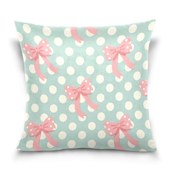 Crystal Velvet Mint-pink Bow Polka Double-sided Printed Pillow Covers 16x16 in Soft Decorative Cushion Covers with Hidden Zipper