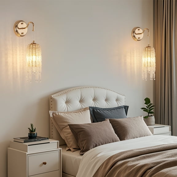Crystal Wall Sconces Set of 2, Modern Gold Wall Lamp with Cascading Crystal Beads, Hardwired Hanging Light Fixture for Bedroom, Living Room, Hallway, E12 Base