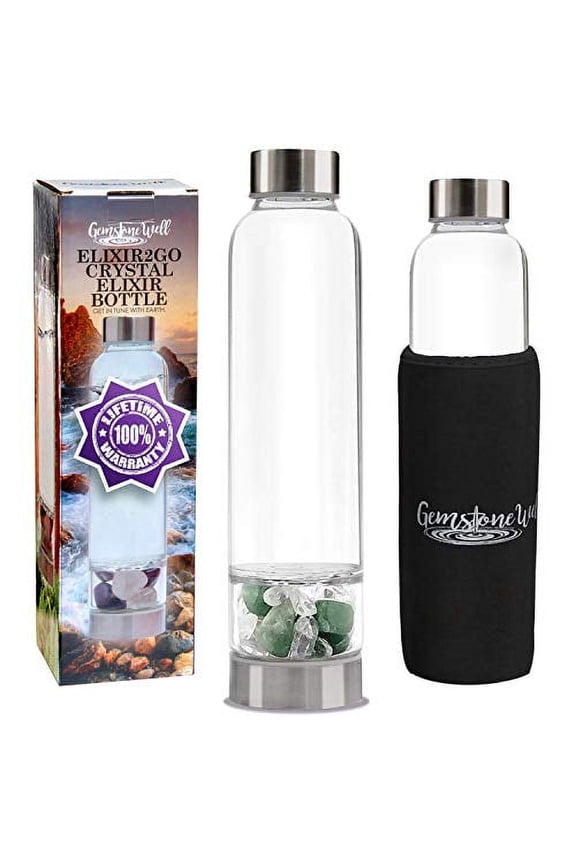 Crystal Water Bottle Elixir Set | Includes Authentic Green Beryl & Clear Quartz Healing Crystals | Black Neoprene Sleeve | Drink Gem Infused Water On The Go