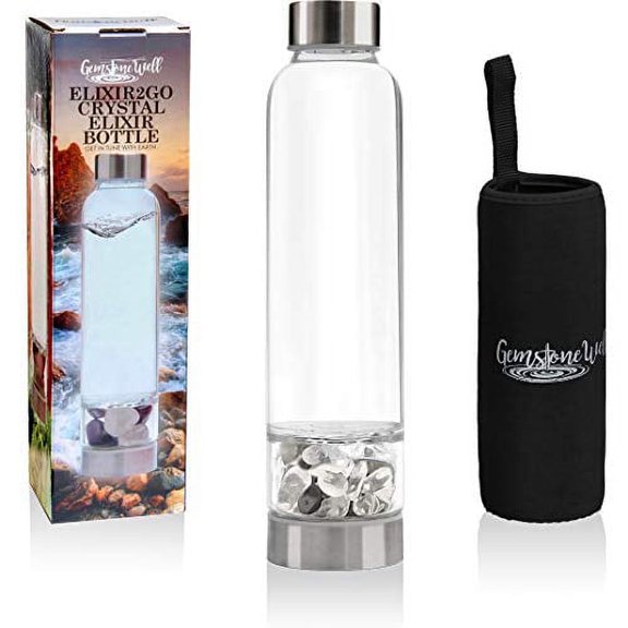 Crystal Water Bottle Elixir Set | Includes Authentic Hematite & Clear Quartz Healing Crystals | Black Neoprene Sleeve | Drink Gem Infused Water On The Go