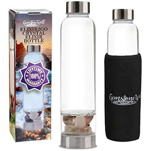 Crystal Water Bottle Elixir Set Includes Authentic Smoky Quartz & Clear Quartz Healing Crystals | Black Neoprene Sleeve | Drink Gem Infused Water On The Go