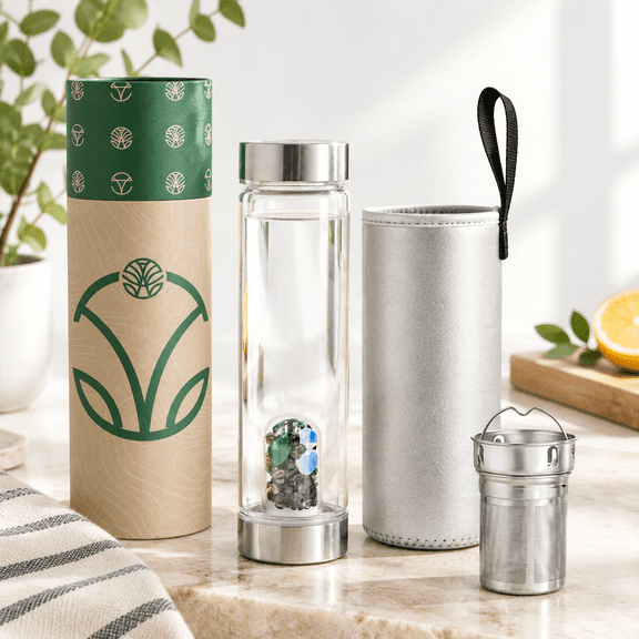 Crystal Water Bottle with Moss Agate, Opal, Smoky Quartz Stones, Tea Infuser - Earth Earth