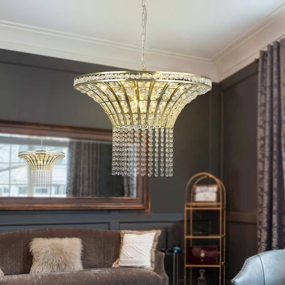 Crystal Waterfall Chandelier French Empire 23.6in 8 Lights Flushmount Pendant Ceiling Light Modern Lighting Fixture for Bedroom Hallway Bar Kitchen Bathroom Gold, G9 Base