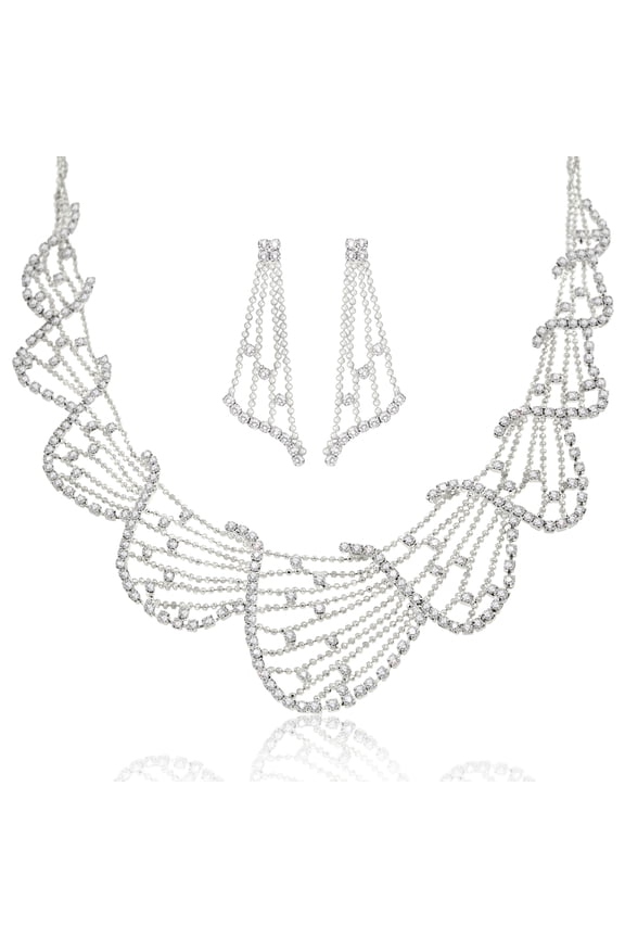 Elegant Crystal Wave Choker Necklace and Dangle Earring Set - Adjustable Bridal Jewelry Necklace Earring