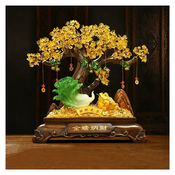 Crystal Wealth Tree Feng Shui Decoration, Imitation Jade Four Seasons Fortune Jade Cabbage Ornament, Lucky Money Toad Crystal Tree, Home Decor Desk Decoration
