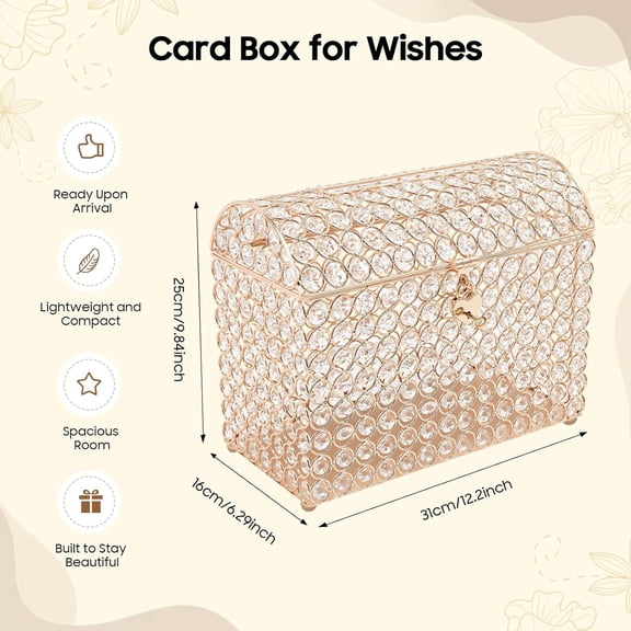Crystal Wedding Card Box, 12in Wedding Money Box with Heart Lock, Treasure Chest Gold Bead Card Receiving Memory Storage Card Box for Wedding Birthday Party
