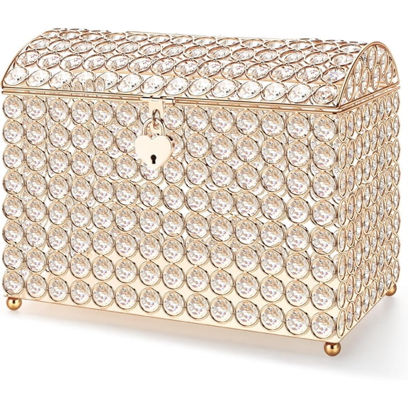 Crystal Wedding Card Box with Heart Lock 11in Wedding Money Box Treasure Chest Gold Bead Card Receiving Memory Storage for Reception Brithday Graduation Baby Shower Party (Elegant Style)