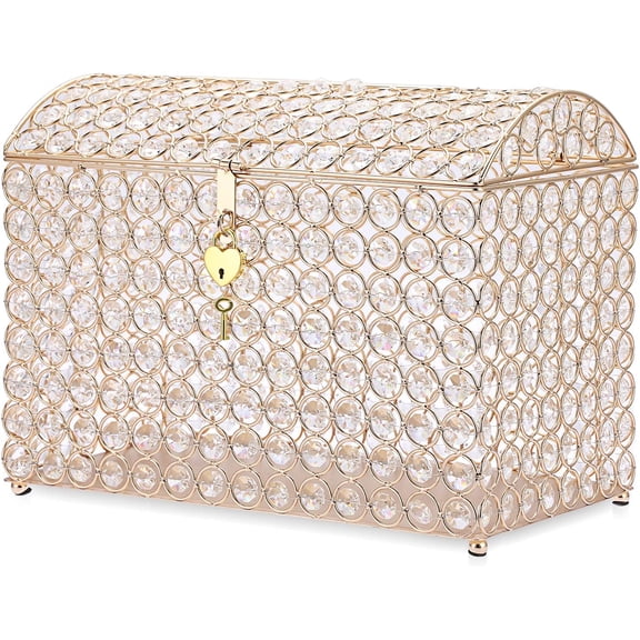 Crystal Wedding Card Box with Heart Lock, 12.6" x 6.3" x 9.4" Money Card Box Treasure Chest Style Gold Gift for Wedding Receptions, Centerpiece Decor, Anniversary, Keepsake, Gift Display Box