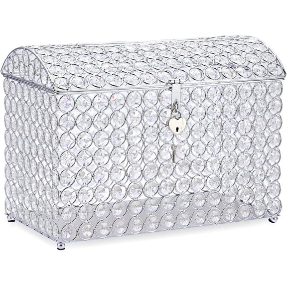 Crystal Wedding Card Box with Heart Lock, Money Card Box Treasure Chest Style Silver Gift for Wedding Receptions, Centerpiece Decor, Anniversary, Keepsake, Gift Display Box