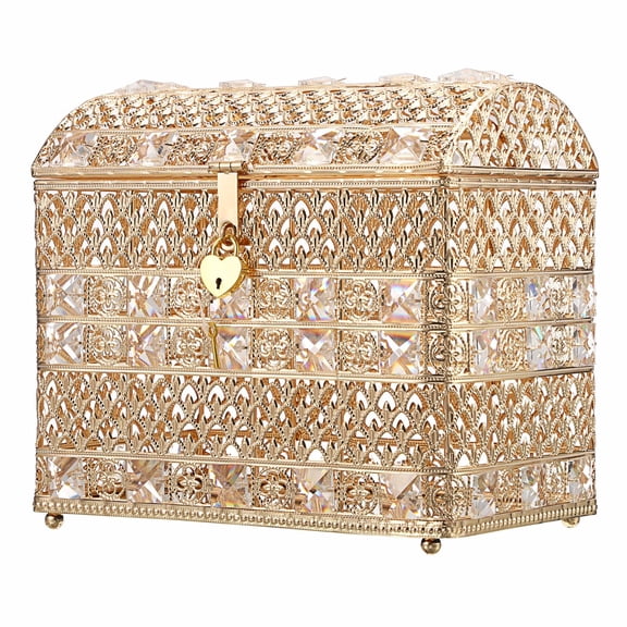 Crystal Wedding Card Box with Heart Lock, Vintage Money Card Box Treasure Chest Style Silver Gift for Wedding Receptions, Centerpiece Decor, Anniversary Keepsake, Gift, Large Size