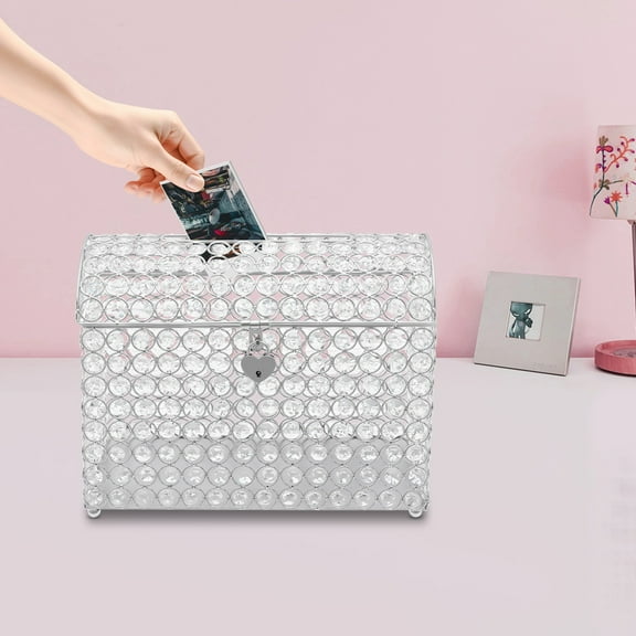 Crystal Wedding Card Box with Heart Lock, Wedding Card Boxes for Reception, Money Card Box, Gold Crystal Treasure Chest Money Card Gift Decorative Memory Box for Wedding Birthday Party (Silver)