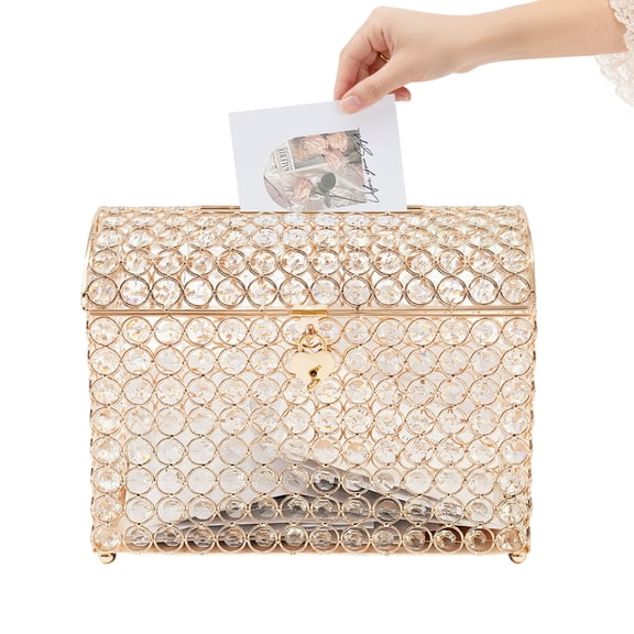 Crystal Wedding Card Box with Heart Lock, Money Card Box Display Memory Box, for Wedding Birthday Graduation Party Decoration (Gold)