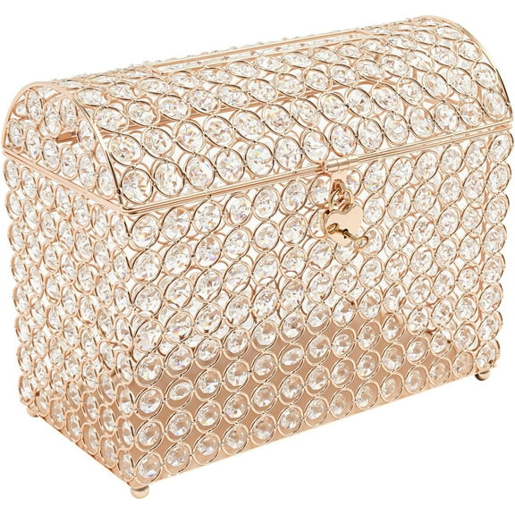 Crystal Wedding Card Box with Heart Lock, Portable Card Storage Box Wonderful Gift for Organizing Cards, Envelopes, Stamps, Photos or Pictures(Gold)