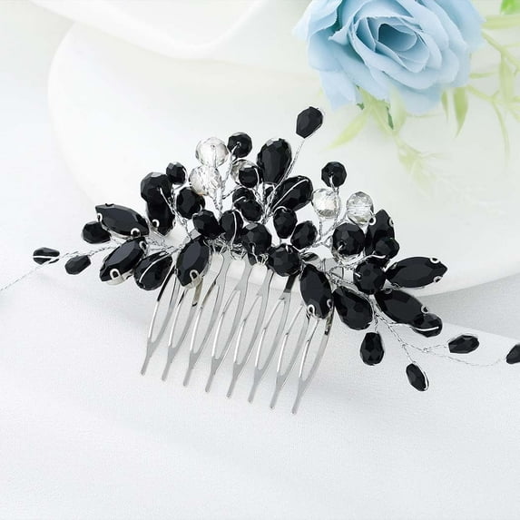 Crystal Wedding Hair Comb Leaf Rhinestone Headpiece Black Bride Hair Pieces Bridesmaid Side Hair Combs for Women and Girls (big)