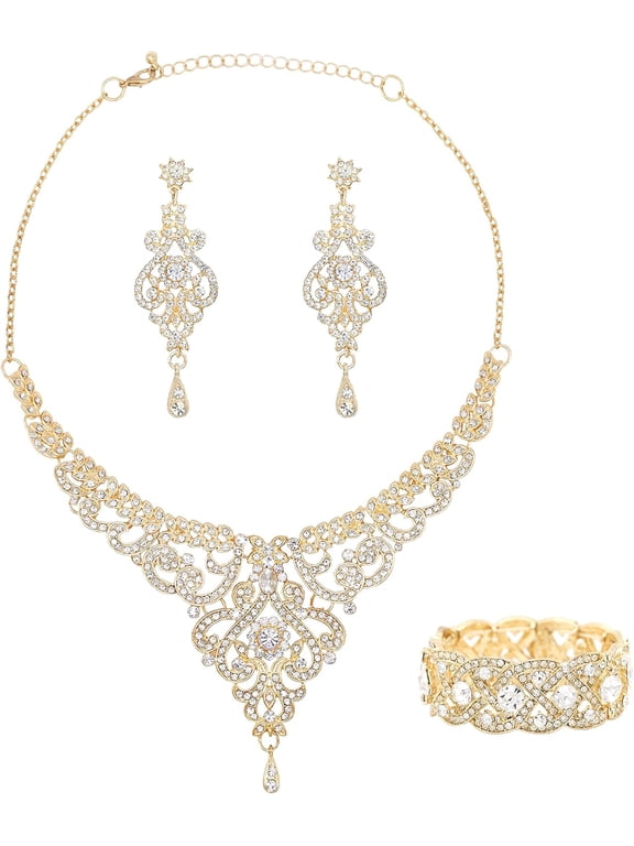 Crystal Wedding Jewelry Set Necklace Earring Set For Women and Brides Rose Gold and Gold Bridal Statement Jewelry sets