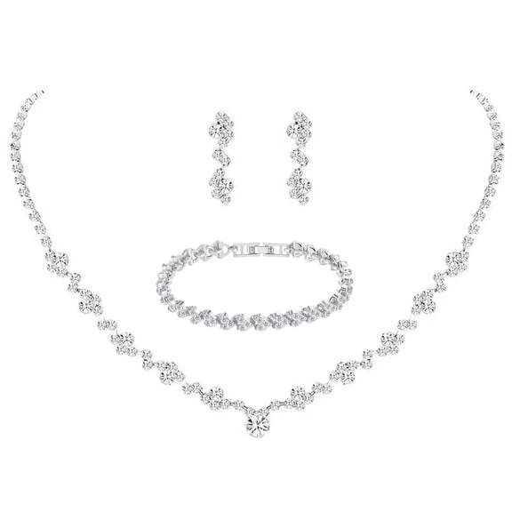 Crystal Wedding Jewelry Set, Silver Necklace Earrings for Women Bracelet Crystal Bridal Wedding Jewelry Sets for Brides Bridesmaid Prom Costume Accessories