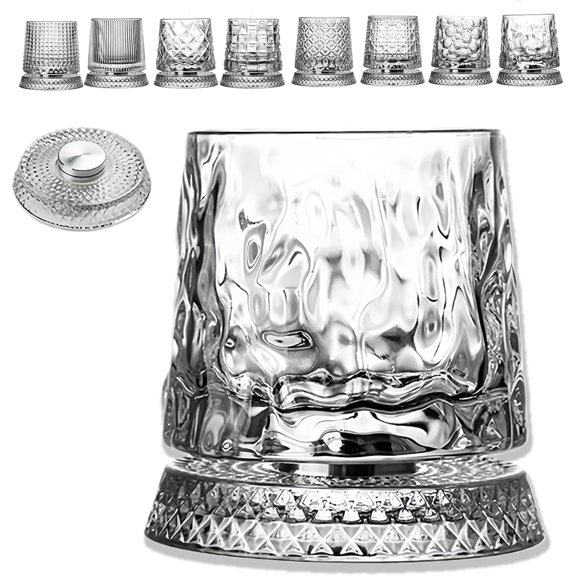 Crystal Whiskey Glasses，360 Degree Rotating Whiskey Glass, 280ML Premium Cut Glass Tumblers with Spinning Base， with Stable Decoupled Base,  Decorative Drinkware for Scotch, Bourbon (Bark grain)Z