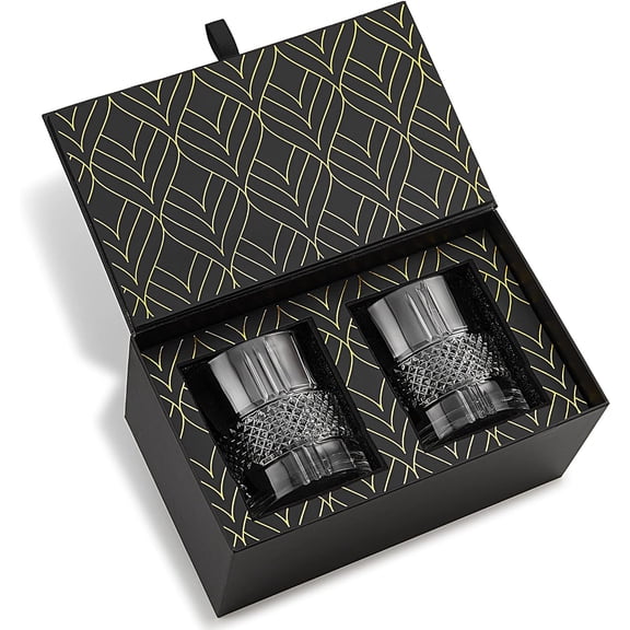 Crystal Whiskey Glasses - Set of 2 Reserve Glass Tumblers (10oz) for Whisky, Scotch & Bourbon - Rocks Glasses for Old Fashioned Cocktails & Drinks - Elegant Gold Foil Gift Box