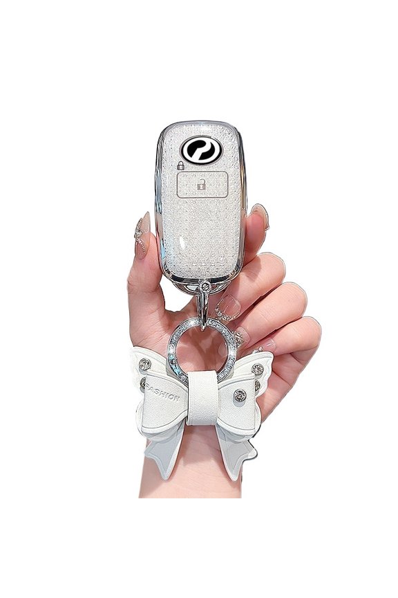 Crystal White Single Shell Key Bag with Bow Diamond Buckle Compatible with PERODUA Remote Control Key Fob Cover Case