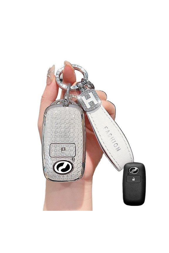 Crystal White Single Shell Key Bag with H Rope Diamond Buckle Compatible with PERODUA Remote Control Key Fob Cover Case