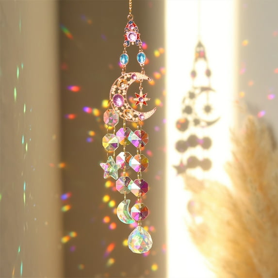 Crystal Wind Chime Suncatcher 15.7in Hanging Boho Window Garden Decor Prism Glass Rainbow Catcher Purification Spiritual Relaxation Home Ornament Outdoor Indoor Gift Multicolor