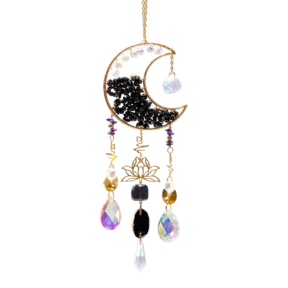 Crystal Wind Chimes Crescent Moon Gold Boho Home Decor Suncatcher for Window