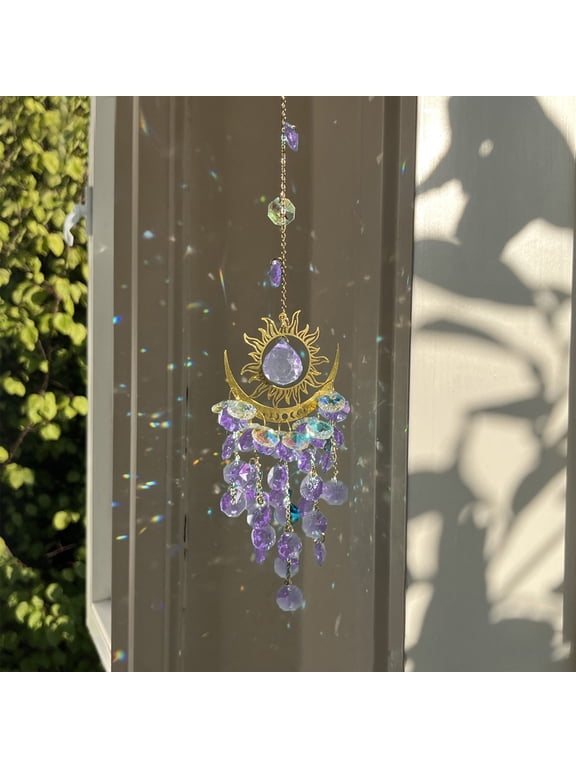 Crystal Wind Chimes Suncatcher, Usupdd Boho Hanging Prism Decor Clear Blue Purple Green Yellow, Glass Sun Catcher for Window Garden Indoor Outdoor with Metal Accessories, Purple