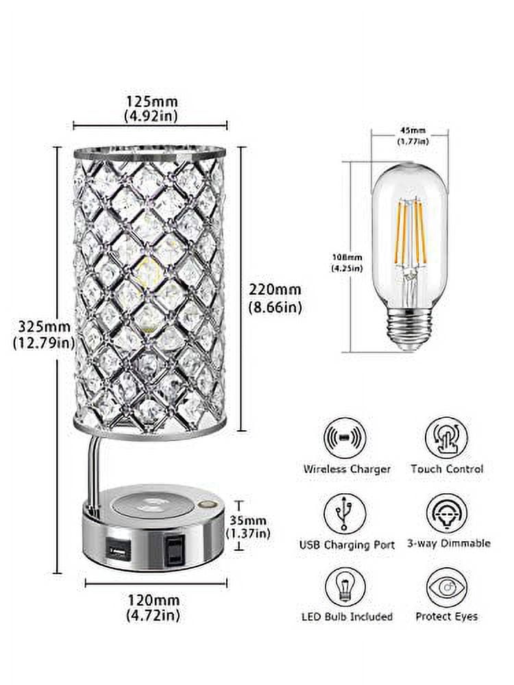 Silver Crystal 3-Way Dimmable Touch Control Table Lamp with USB Charging
