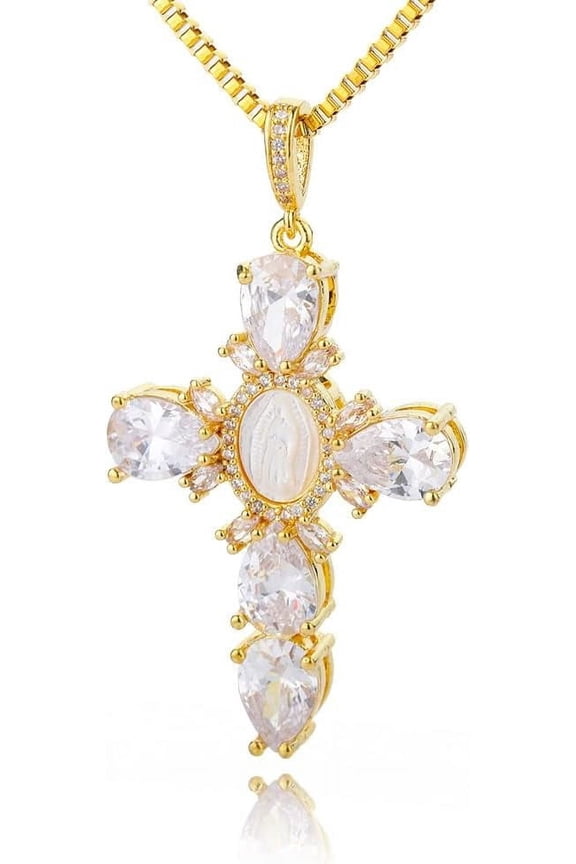 Crystal Zircon Cross Necklace For Women Choker Charm Virgin Mary Pendant Box Chain Female Jewelry Collier Femme - Gold-color - 17.5 inch (box)