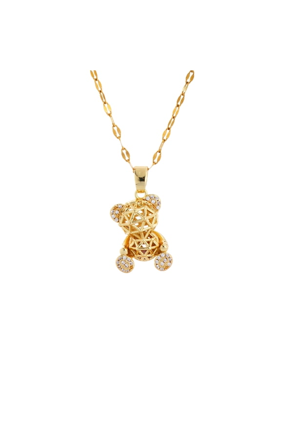 Crystal Zircon Teddy Bear Pendant Necklace, 18 inches, Gold Tone Jewelry chain