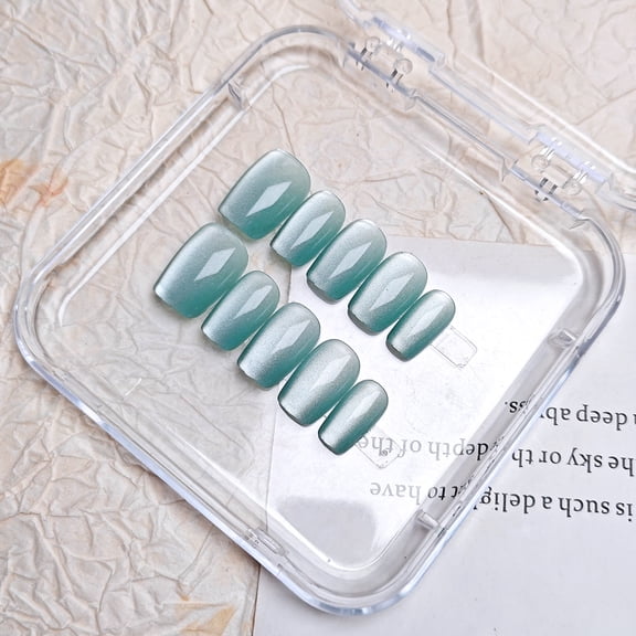Crystal cat's eye short wearable nail 10 pieces coded simple nail patch Fashionable jade green trapezoidal nail piece