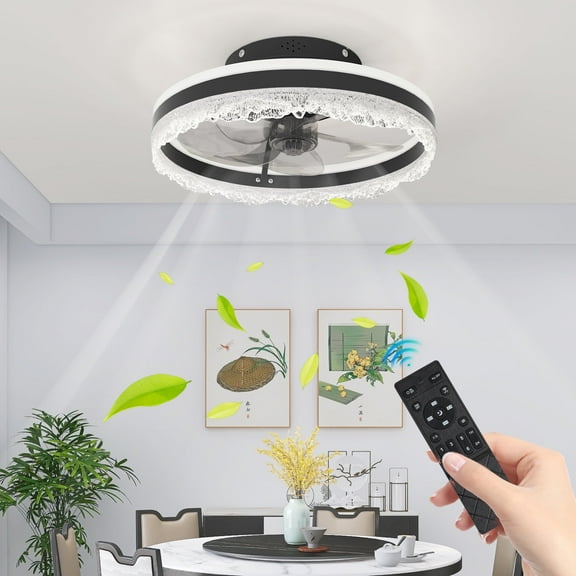 Crystal ceiling fan with light and remote control, 15.7-inch ceiling fan with light, 3000K-6500K dimmable recessed ceiling fan with light (black)
